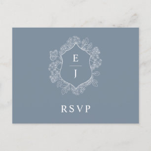 Dusty Blue Floral Wappen Monogram Wedding RSVP Postkarte