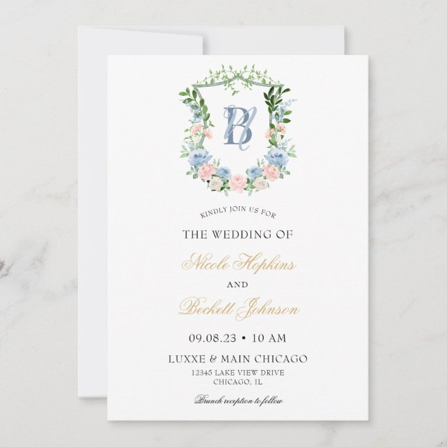 Dusty Blue Floral Wappen Wedding Einladung (Vorderseite)