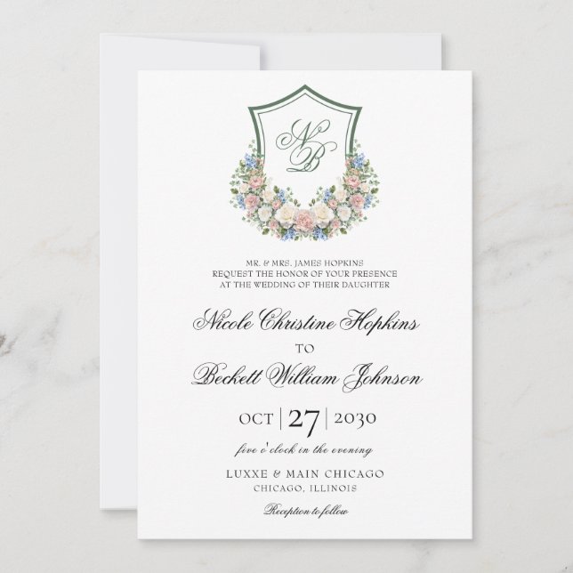 Dusty Blue Floral Wappen Wedding Einladung (Vorderseite)