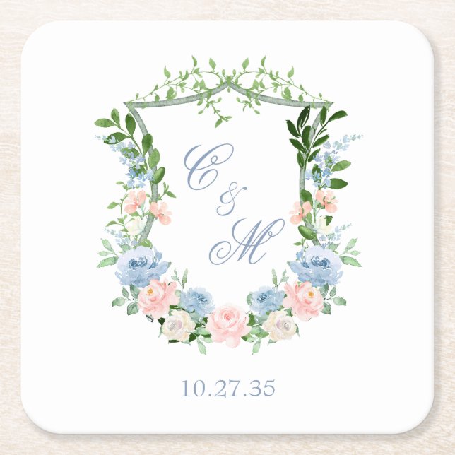 Dusty Blue Floral Wappen Wedding Rechteckiger Pappuntersetzer (Vorderseite)
