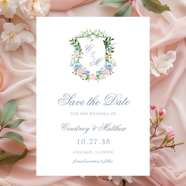 Dusty Blue Floral Wappen Wedding Save The Date (Von Creator hochgeladen)