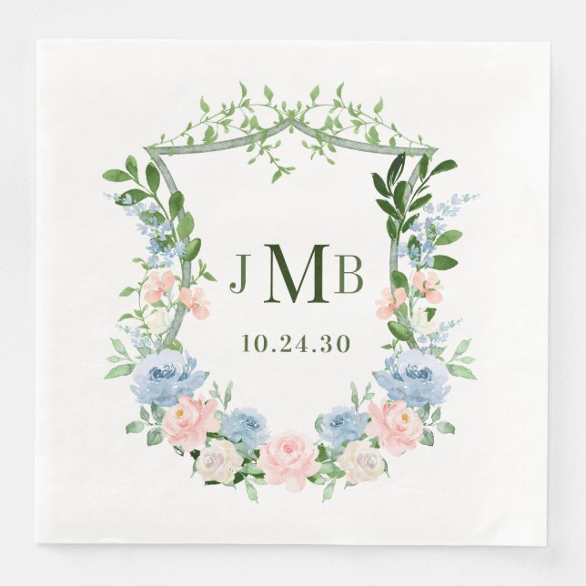 Dusty Blue Floral Wappen Wedding Serviette (Vorderseite)