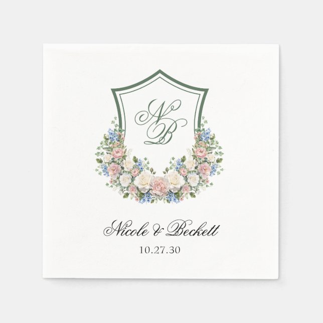 Dusty Blue Floral Wappen Wedding Serviette (Vorderseite)