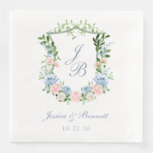Dusty Blue Floral Wappen Wedding Serviette (Vorderseite)