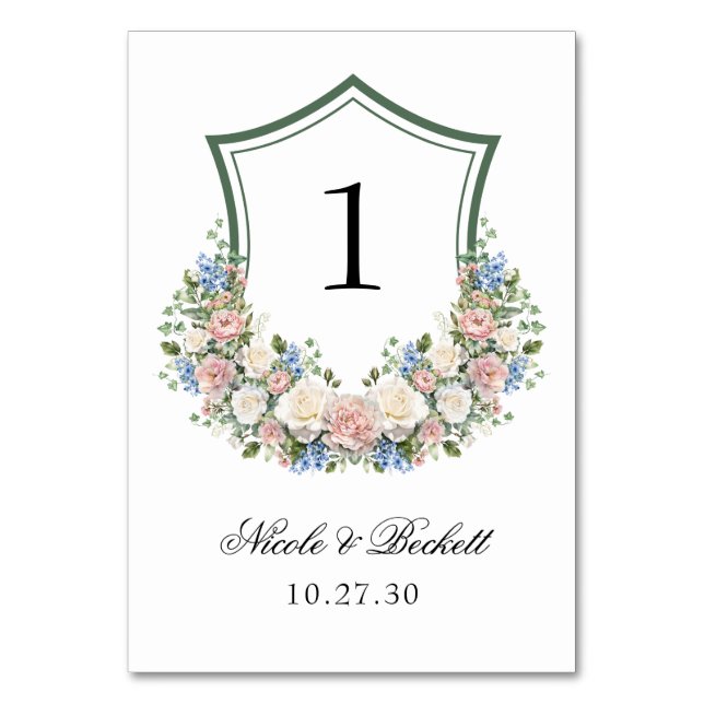 Dusty Blue Floral Wappen Wedding Tischnummer (Vorderseite)