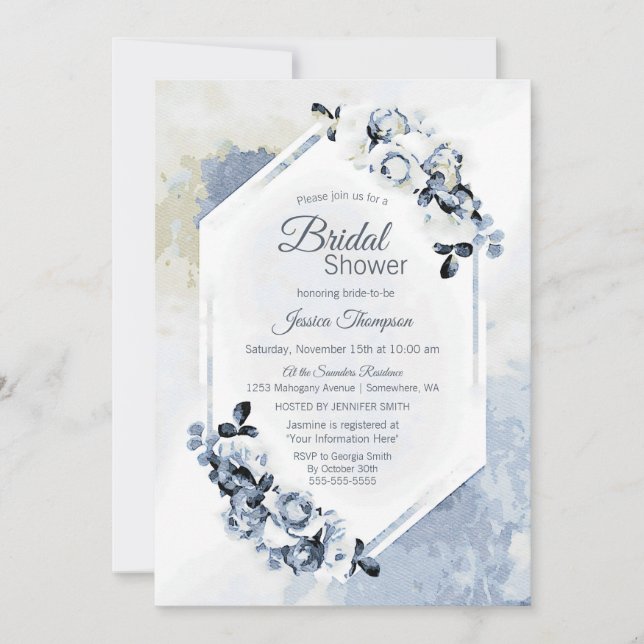 Dusty Blue Floral Watercolor Brautparty Einladung (Vorderseite)