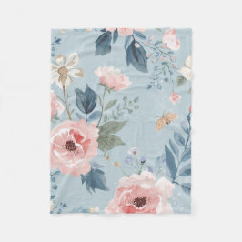 Dusty Blue Floral Watercolor Garden Pink Blooms Fleecedecke
