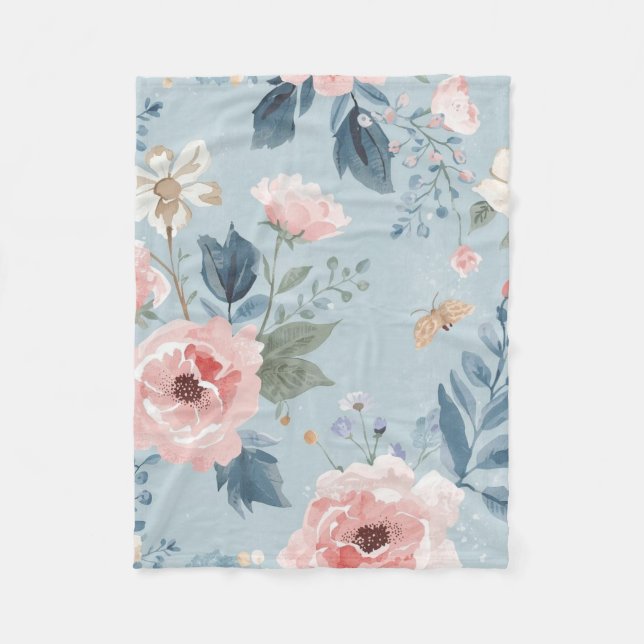 Dusty Blue Floral Watercolor Garden Pink Blooms Fleecedecke (Vorderseite)