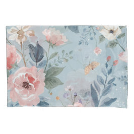Dusty Blue Floral Watercolor Garden Pink Blooms Kissenbezug