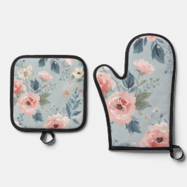 Dusty Blue Floral Watercolor Garden Pink Blooms Ofenhandschuh & Topflappen-Set