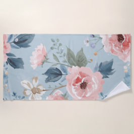 Dusty Blue Floral Watercolor Garden Pink Blooms Strandtuch