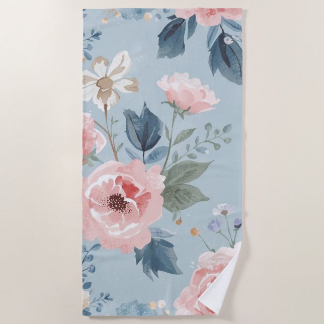 Dusty Blue Floral Watercolor Garden Pink Blooms Strandtuch (Vorderseite)