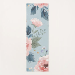 Dusty Blue Floral Watercolor Garden Pink Blooms Yogamatte