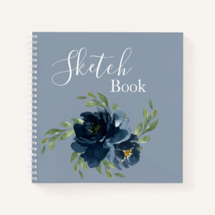 Dusty Blue Floral Watercolor Modern Script Sketch Notizbuch