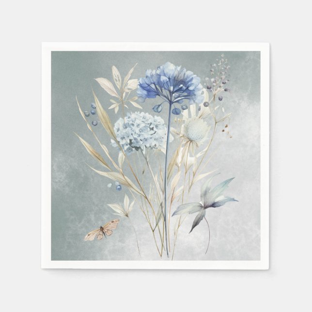 Dusty Blue Floral Watercolor Paper Napkin Serviette (Vorderseite)