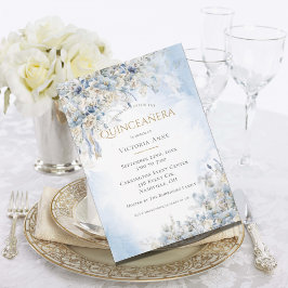 Dusty Blue Floral Watercolor Script Quinceañera Einladung
