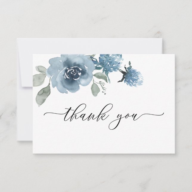 Dusty Blue Floral Watercolor Wedding Dankeskarte (Vorderseite)