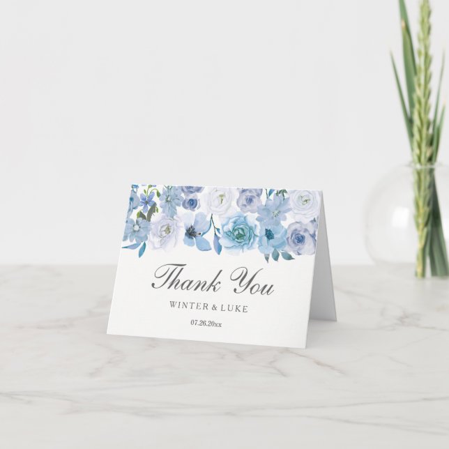 Dusty Blue Floral Watercolor Wedding Dankeskarte (Vorderseite)