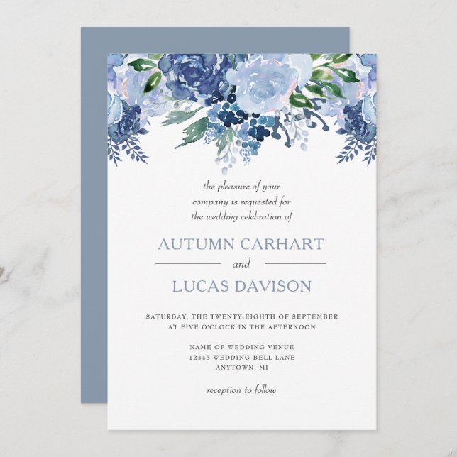 Dusty Blue Floral Watercolor Wedding Einladung (Vorne/Hinten)