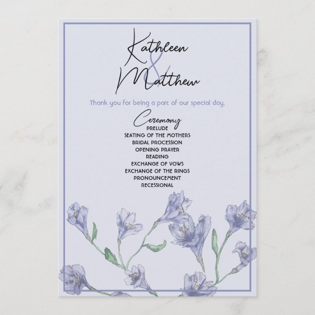 Dusty Blue Floral Watercolor Wedding Programm (Vorderseite)