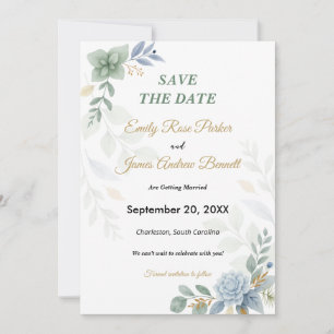 Dusty Blue Floral Watercolor Wedding Save The Date