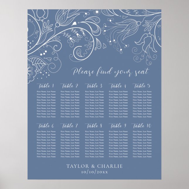 Dusty Blue Floral Wedding 10 Tables Seating Chart Poster (Vorne)