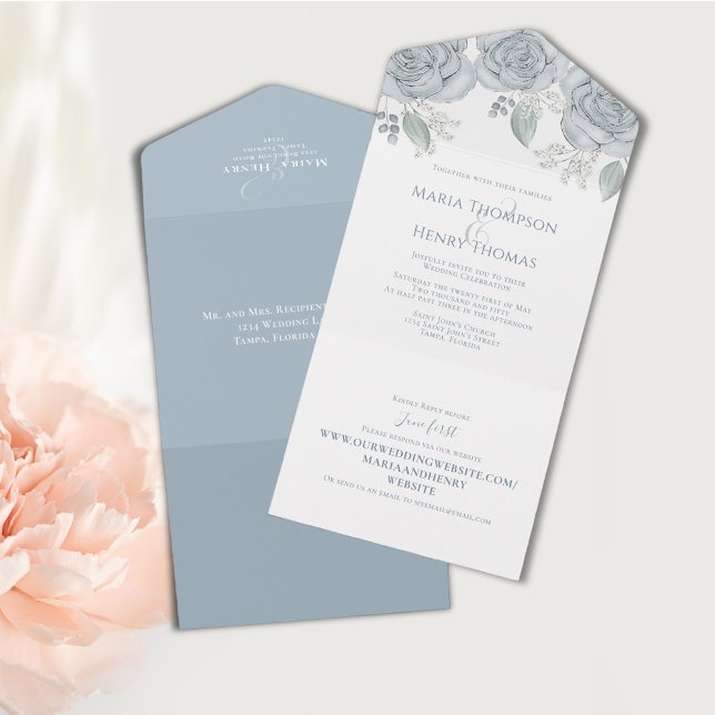 Dusty Blue Floral Wedding All in One All In One Einladung (Watercolor blue floral all in one wedding invitation. )