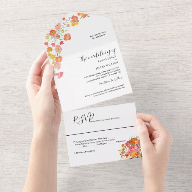 Dusty Blue Floral Wedding All In One Einladung (Abreißen)