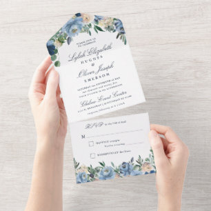 Dusty Blue Floral Wedding alle in einer Einladung