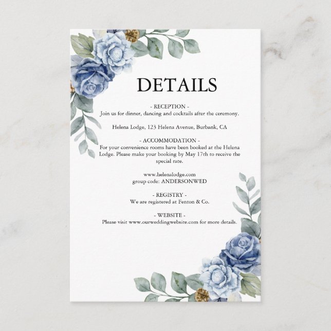Dusty Blue Floral Wedding Begleitkarte (Vorderseite)