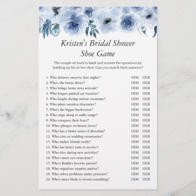Dusty Blue Floral Wedding Brautparty Shoe Game Flyer (Vorne)