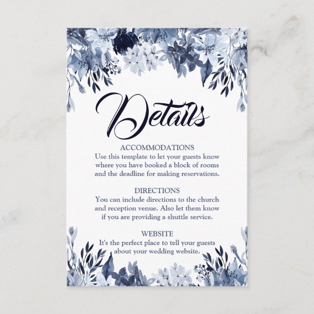 Dusty Blue Floral Wedding Details Card Begleitkarte (Vorderseite)