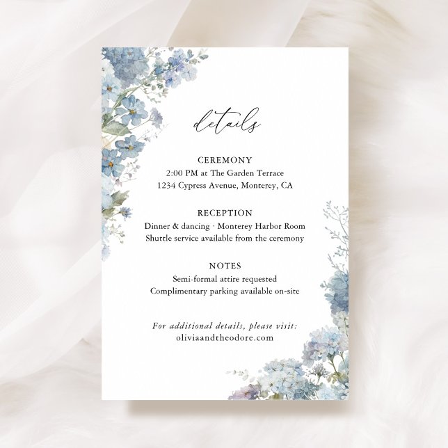 Dusty Blue Floral Wedding Details, Info Begleitkarte (Dusty blue floral wedding details card, watercolor hydrangea ceremony reception info enclosure)
