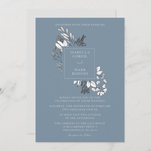 Dusty Blue Floral Wedding Einladung (Vorne/Hinten)