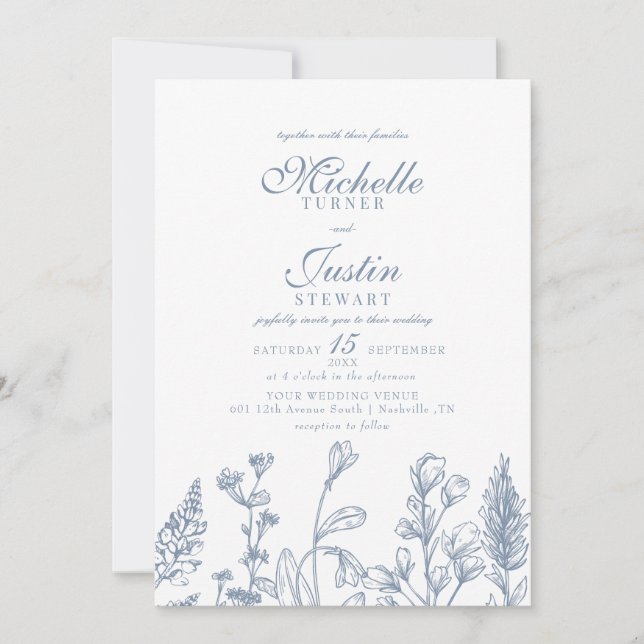 Dusty Blue Floral Wedding Einladung (Vorderseite)
