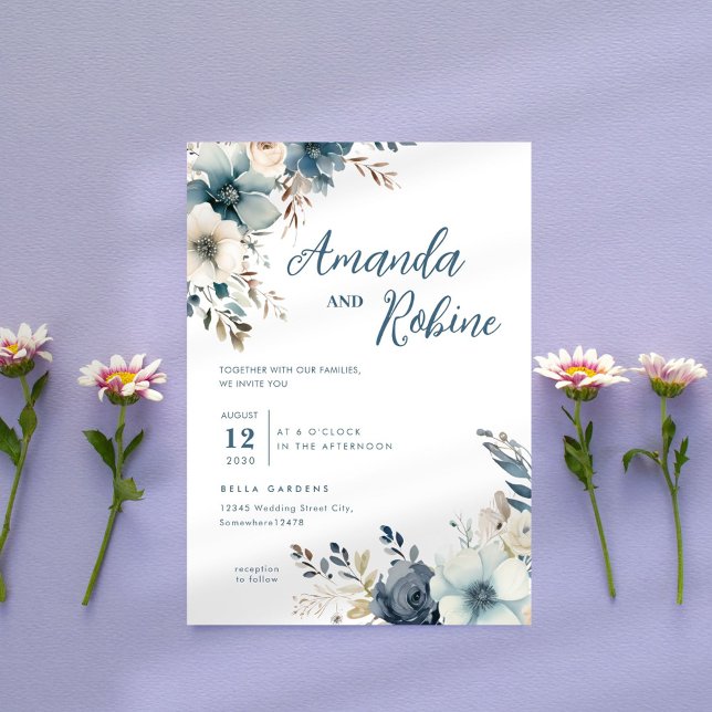 Dusty Blue Floral Wedding Einladung (Von Creator hochgeladen)