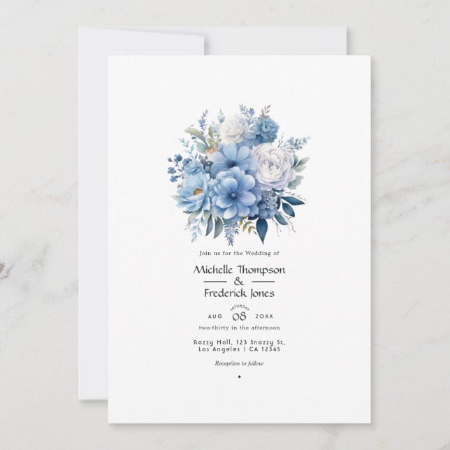 Dusty Blue Floral Wedding Einladung (Vorderseite)