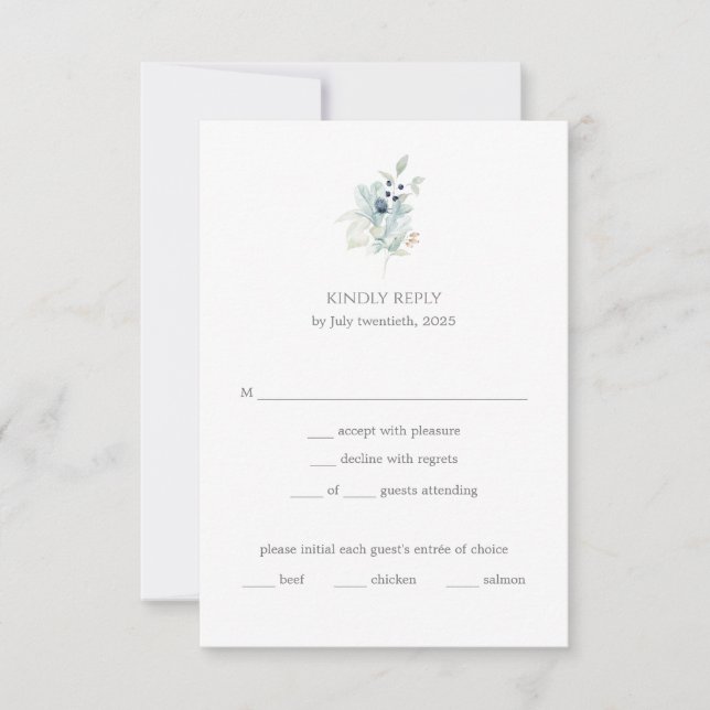 Dusty Blue Floral Wedding | Eleganter Frühling RSVP Karte (Vorderseite)