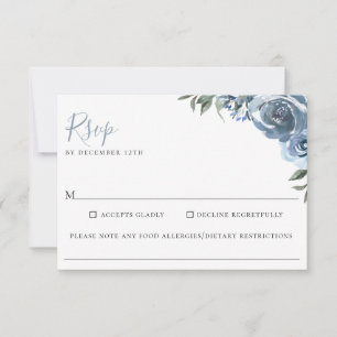 Dusty Blue Floral Wedding Food Allergie UAWG RSVP Karte