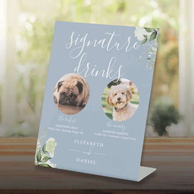 Dusty Blue Floral Wedding Hunde Unterschrift Drink Sockelschild (Dusty Blue Floral Wedding Pet Dog Signature Drinks Pedestal Sign)
