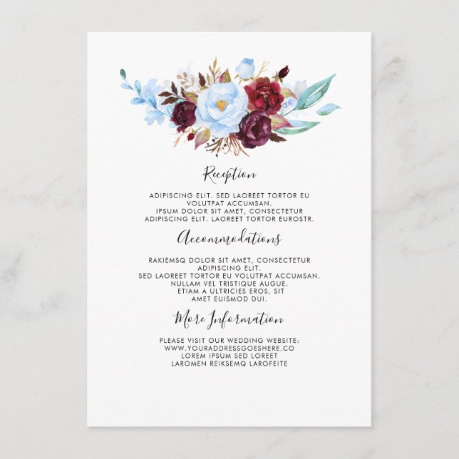 Dusty Blue Floral Wedding Information Guest Begleitkarte (Vorderseite)