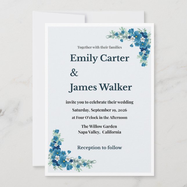 Dusty Blue Floral Wedding Invitation Einladung (Vorderseite)