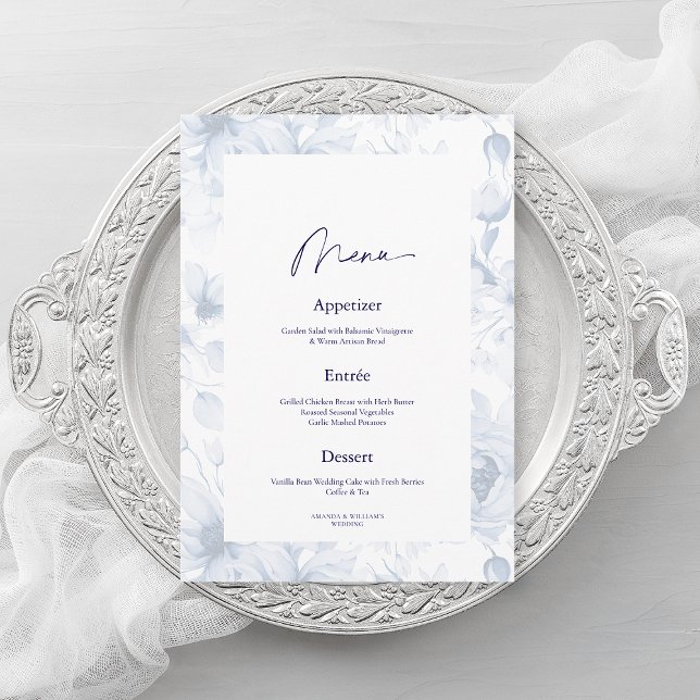 Dusty Blue Floral Wedding Menu Card Einladung (Von Creator hochgeladen)