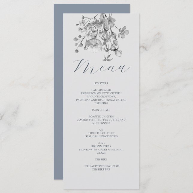 Dusty Blue Floral Wedding Menu Menükarte (Vorne/Hinten)