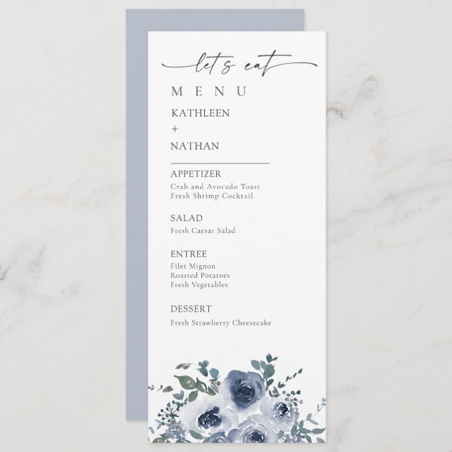 Dusty Blue Floral Wedding Menu Menükarte (Vorne/Hinten)