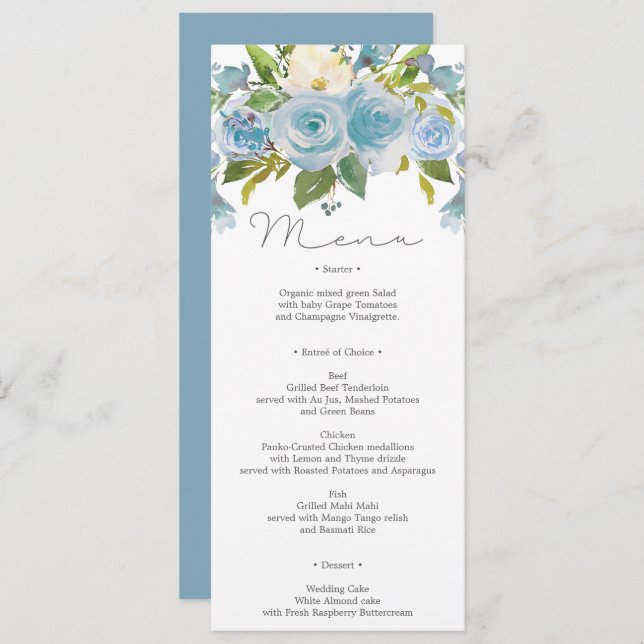 Dusty Blue Floral Wedding Menu oder Duschmenü Einladung (Vorne/Hinten)
