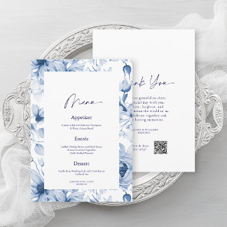 Dusty Blue Floral Wedding Menu & Thank You Card Einladung