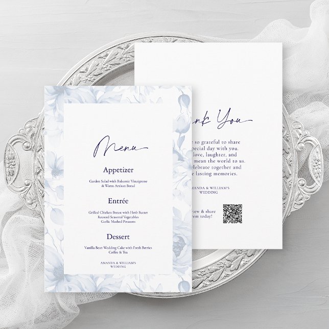 Dusty Blue Floral Wedding Menu & Thank You Card Einladung (Von Creator hochgeladen)