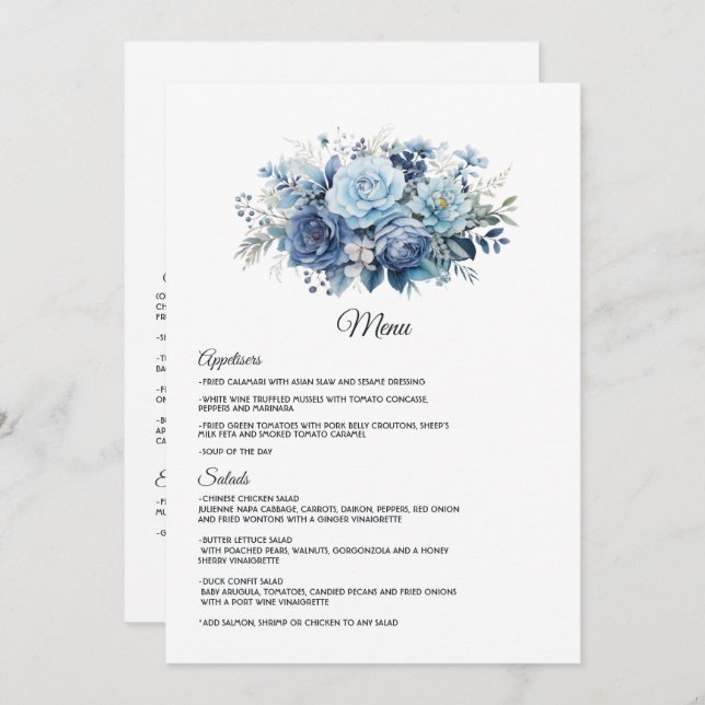 Dusty Blue Floral Wedding Menükarte