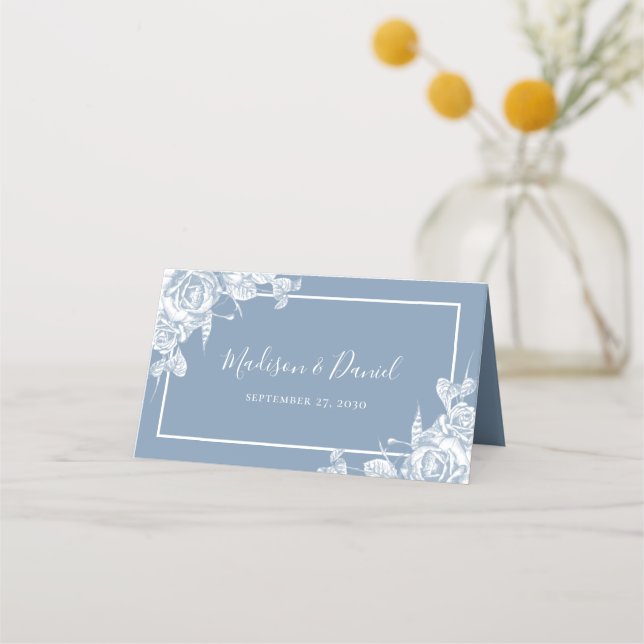 Dusty Blue Floral Wedding Platzkarte (Rückseite)